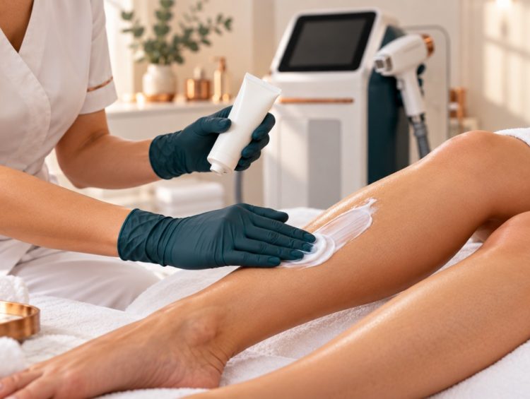 Une professionnelle applique une crème anesthésiante sur la jambe avant une séance d’épilation laser.